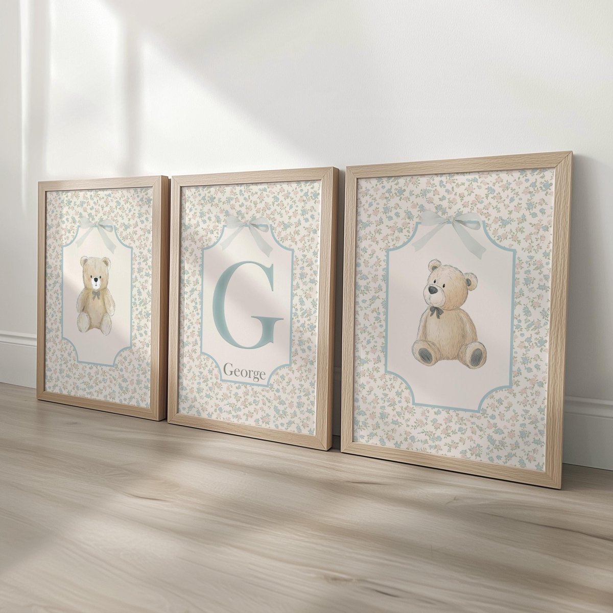 Personalised Teddy Bear Nursery Prints – Blue Monogram Wall Art Set - RoseRowanDesign -