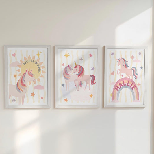 Personalised Unicorn Nursery Print Set – Pink Rainbow - RoseRowanDesign -