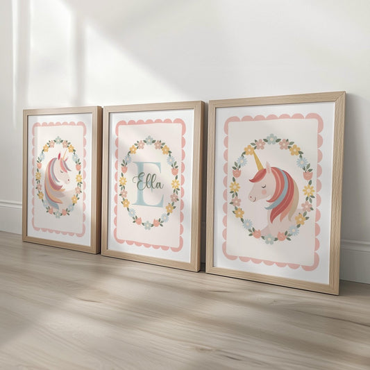 Personalised Unicorn Nursery Prints Set - Custom Girls Wall Art with Name Initial - RoseRowanDesign -