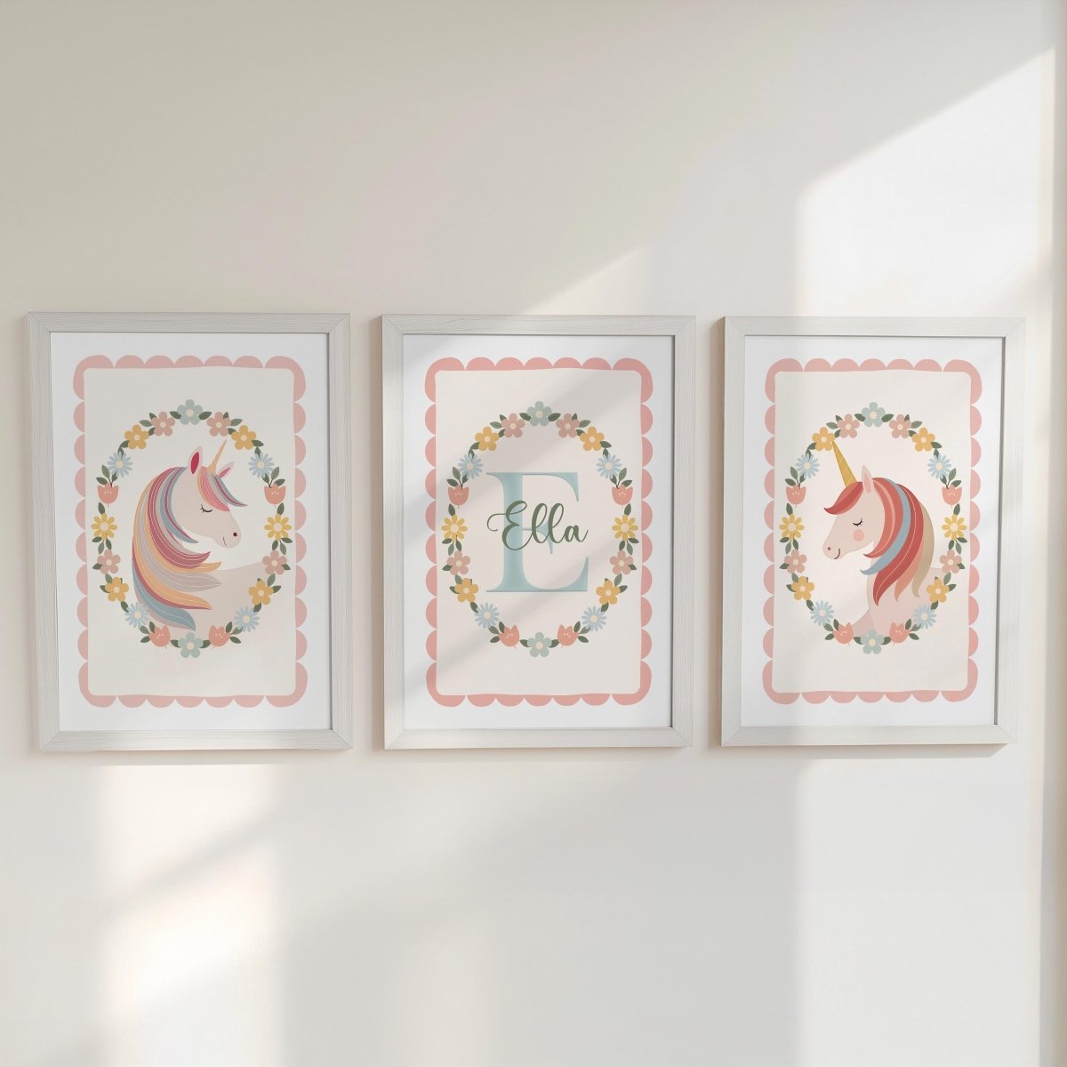 Personalised Unicorn Nursery Prints Set - Custom Girls Wall Art with Name Initial - RoseRowanDesign -