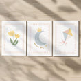 Load image into Gallery viewer, Personalised Whimsical Nursery Print Set – Moon, Flower & Kite Wall Art - RoseRowanDesign -