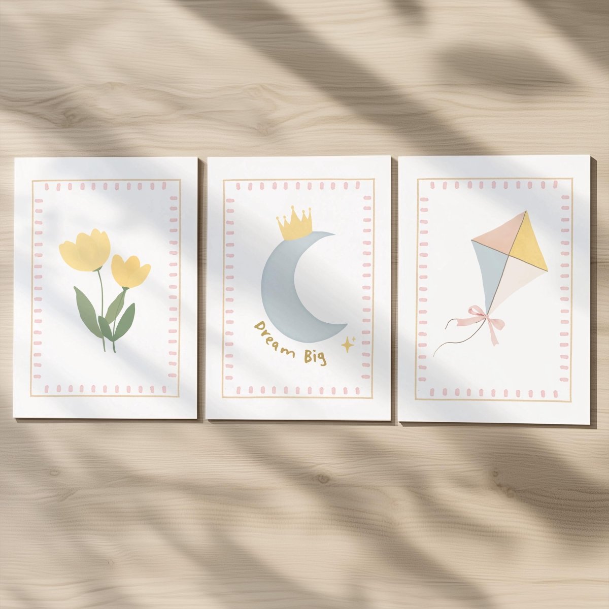 Personalised Whimsical Nursery Print Set – Moon, Flower & Kite Wall Art - RoseRowanDesign -