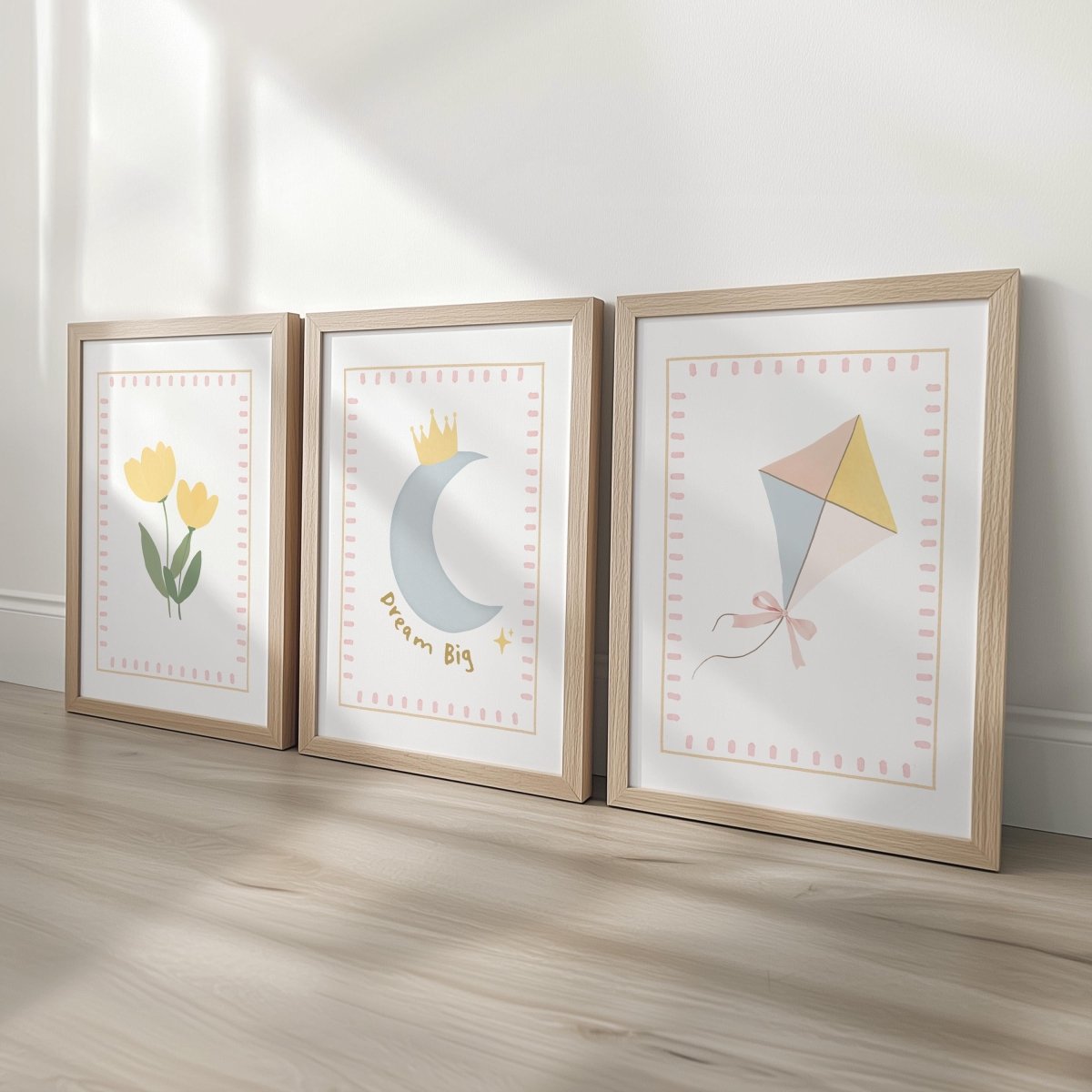 Personalised Whimsical Nursery Print Set – Moon, Flower & Kite Wall Art - RoseRowanDesign -