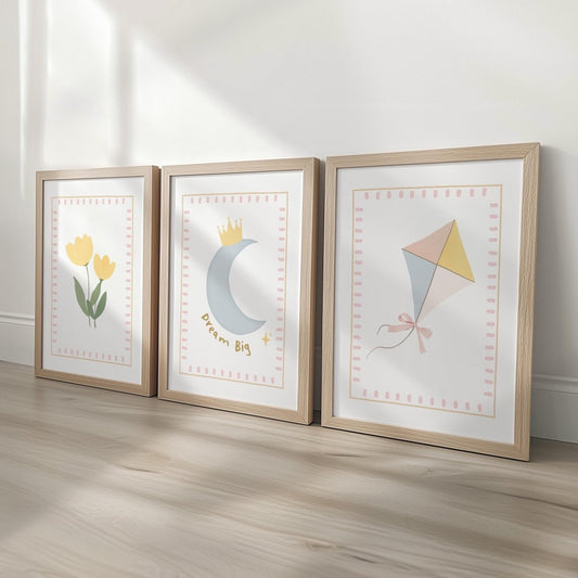 Personalised Whimsical Nursery Print Set – Moon, Flower & Kite Wall Art - RoseRowanDesign -