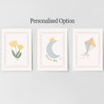 Load image into Gallery viewer, Personalised Whimsical Nursery Print Set – Moon, Flower & Kite Wall Art - RoseRowanDesign -