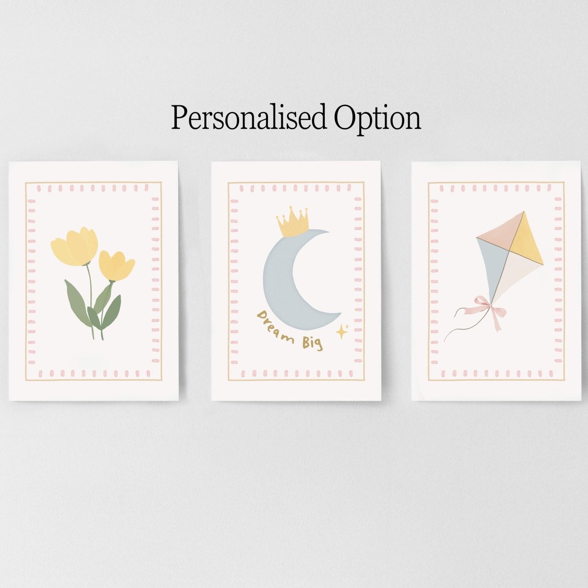Personalised Whimsical Nursery Print Set – Moon, Flower & Kite Wall Art - RoseRowanDesign -