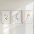 Load image into Gallery viewer, Personalised Whimsical Nursery Print Set – Moon, Flower & Kite Wall Art - RoseRowanDesign -
