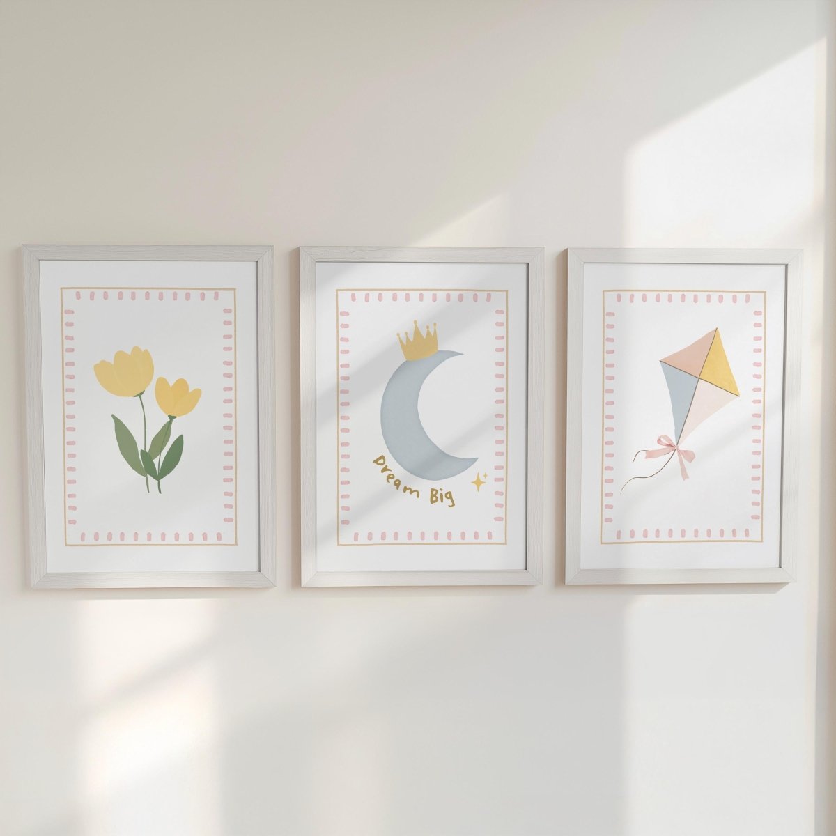 Personalised Whimsical Nursery Print Set – Moon, Flower & Kite Wall Art - RoseRowanDesign -
