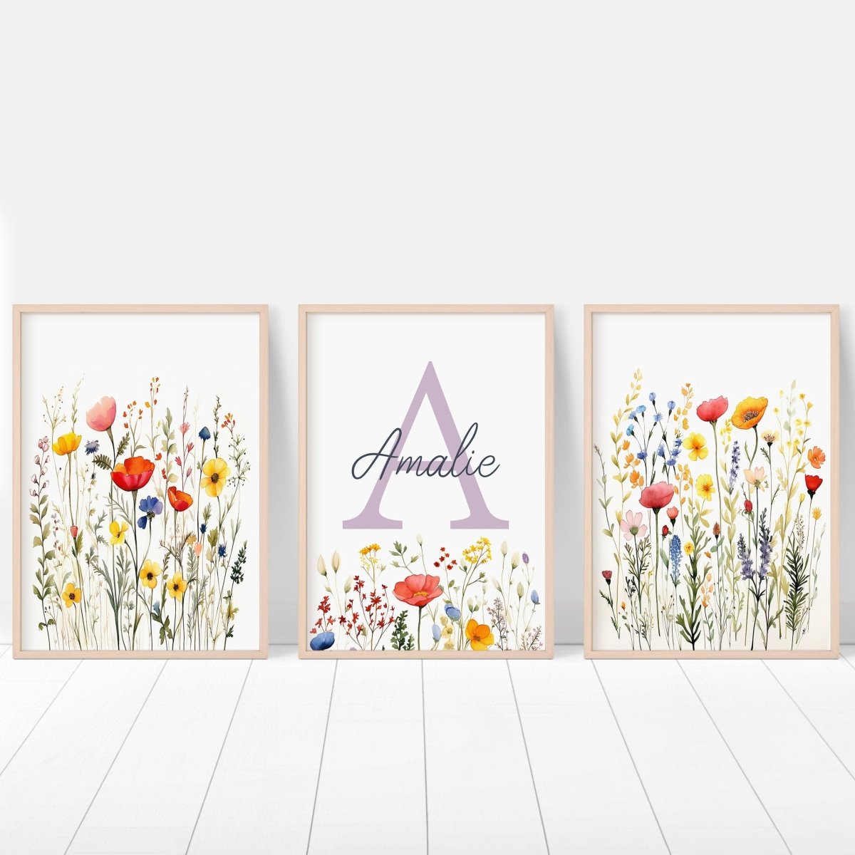 Personalised Wildflower Nursery Prints | Set of 3 | Botanical Floral Decor for Girls' Room - RoseRowanDesign -