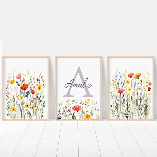 Personalised Wildflower Nursery Prints | Set of 3 | Botanical Floral Decor for Girls' Room - RoseRowanDesign -