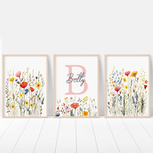 Personalised Wildflower Nursery Prints | Set of 3 | Botanical Floral Decor for Girls' Room - RoseRowanDesign -