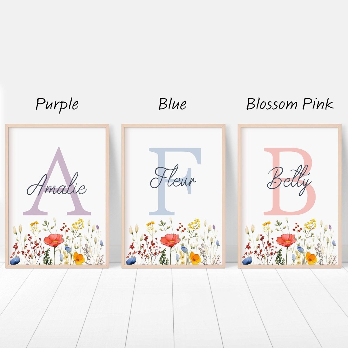 Personalised Wildflower Nursery Prints | Set of 3 | Botanical Floral Decor for Girls' Room - RoseRowanDesign -