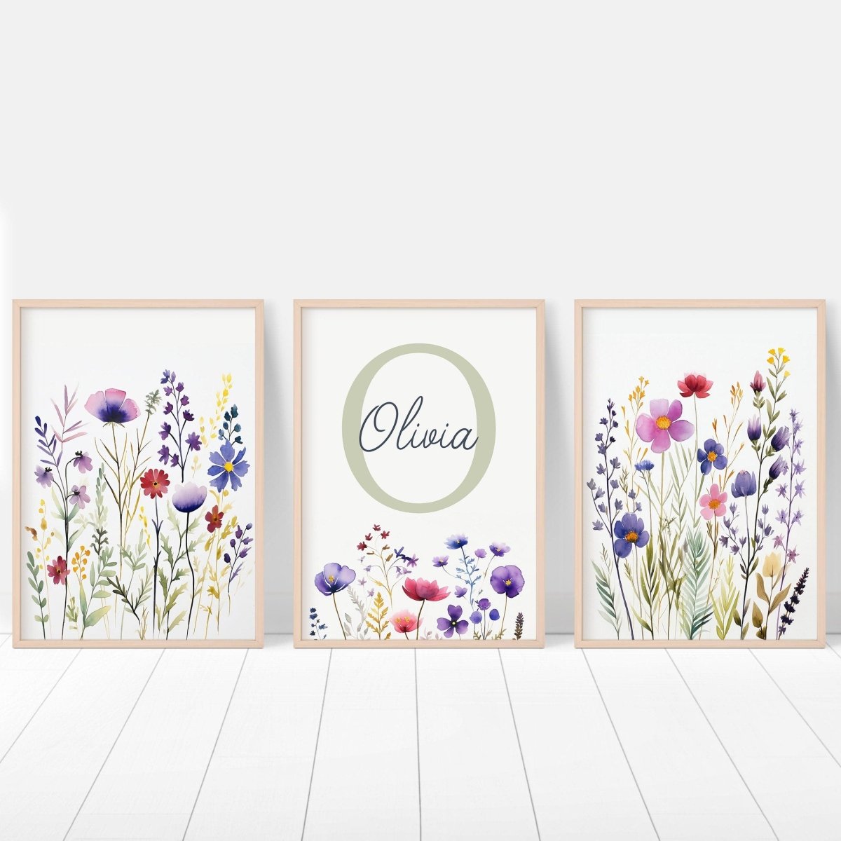 Personalised Wildflower Nursery Prints | Set of 3 | Custom Initials - RoseRowanDesign -