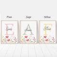 Load image into Gallery viewer, Personalised Wildflower Nursery Prints | Set of 3 | Pink Floral & Initial Decor for Girls Room - RoseRowanDesign -