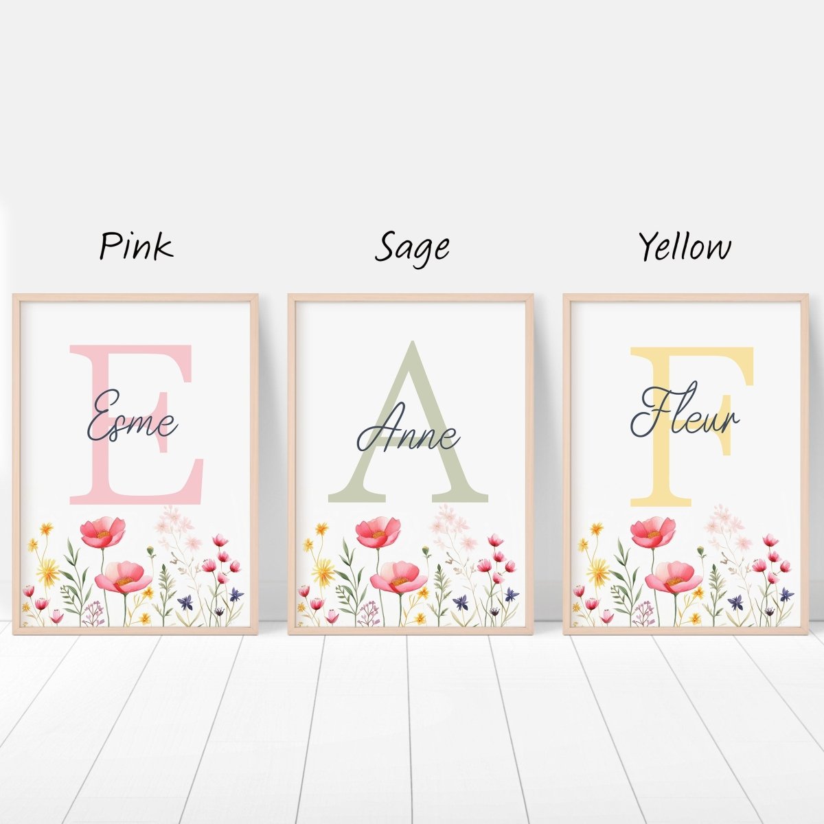 Personalised Wildflower Nursery Prints | Set of 3 | Pink Floral & Initial Decor for Girls Room - RoseRowanDesign -