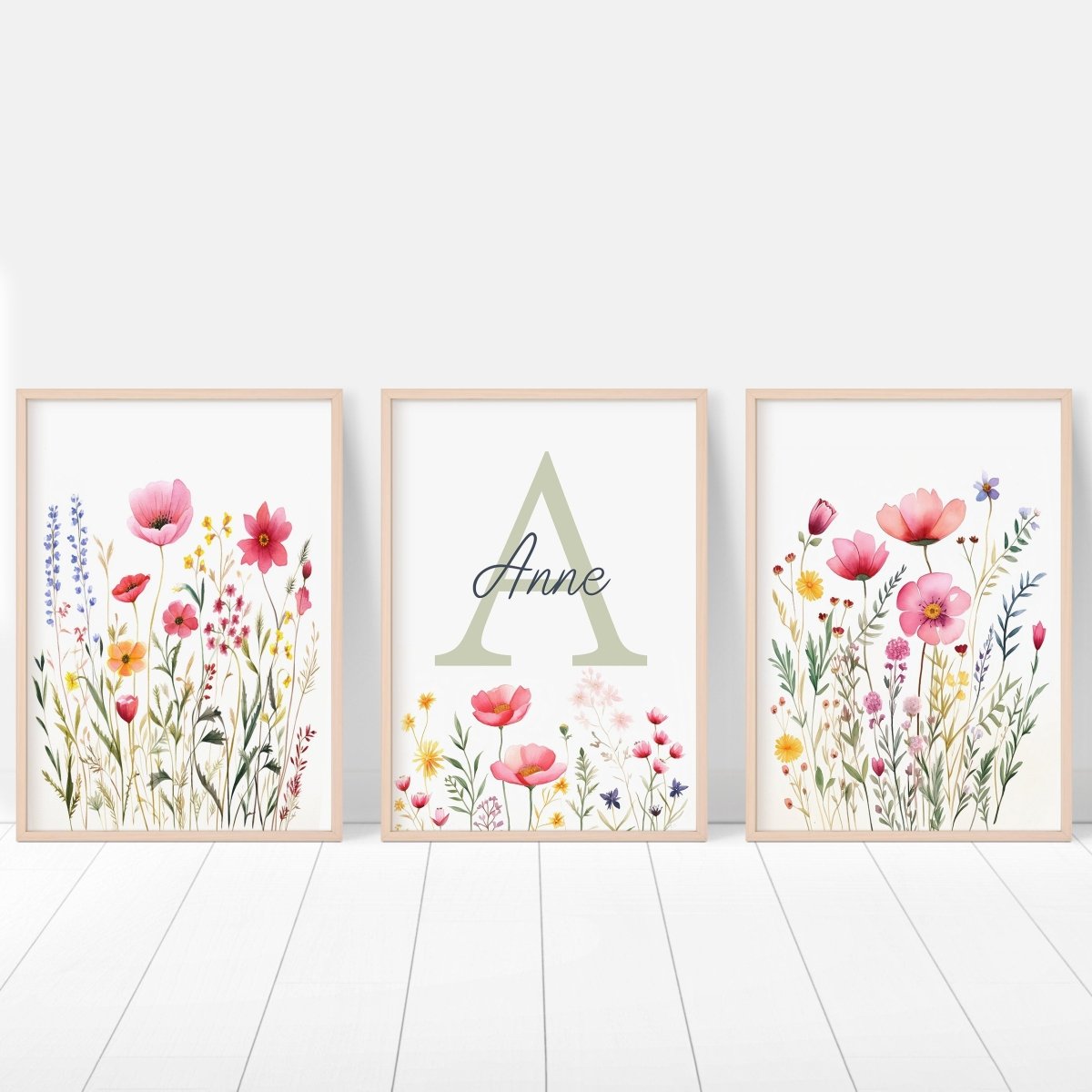 Personalised Wildflower Nursery Prints | Set of 3 | Pink Floral & Initial Decor for Girls Room - RoseRowanDesign -