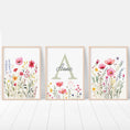 Load image into Gallery viewer, Personalised Wildflower Nursery Prints | Set of 3 | Pink Floral & Initial Decor for Girls Room - RoseRowanDesign -