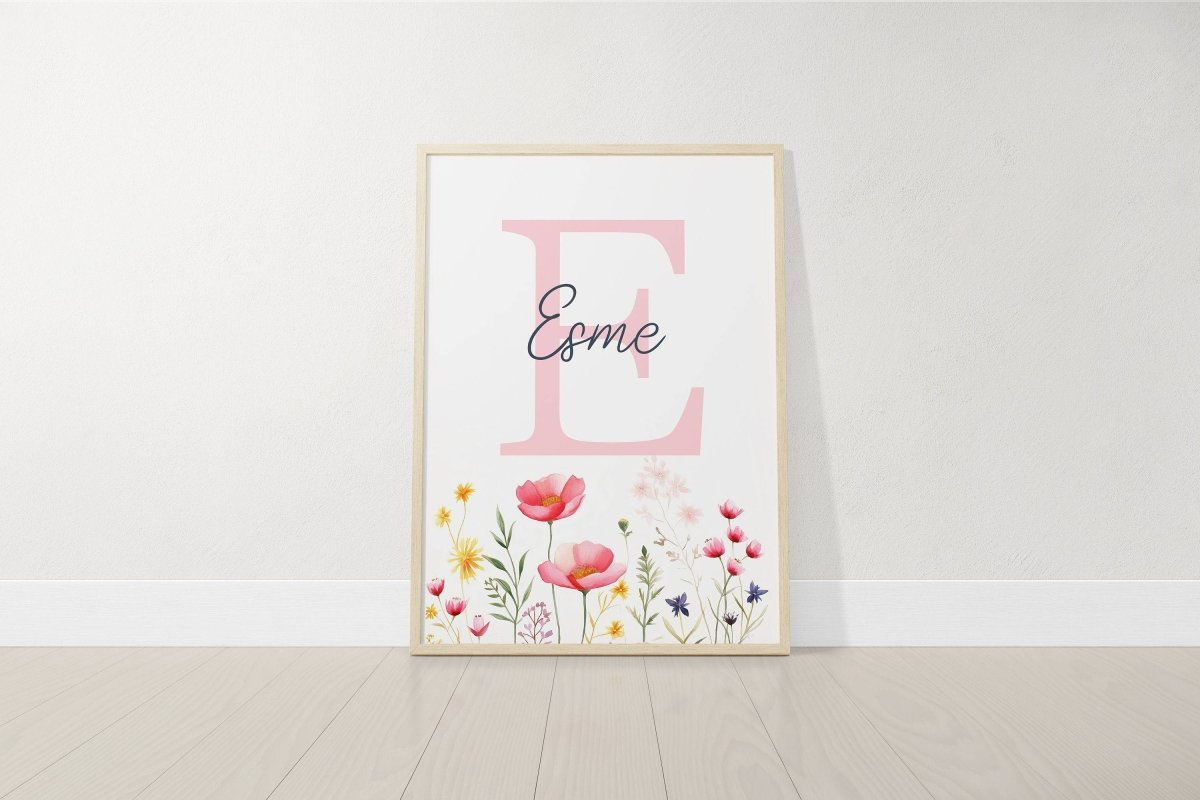 Personalised Wildflower Nursery Prints | Set of 3 | Pink Floral & Initial Decor for Girls Room - RoseRowanDesign -