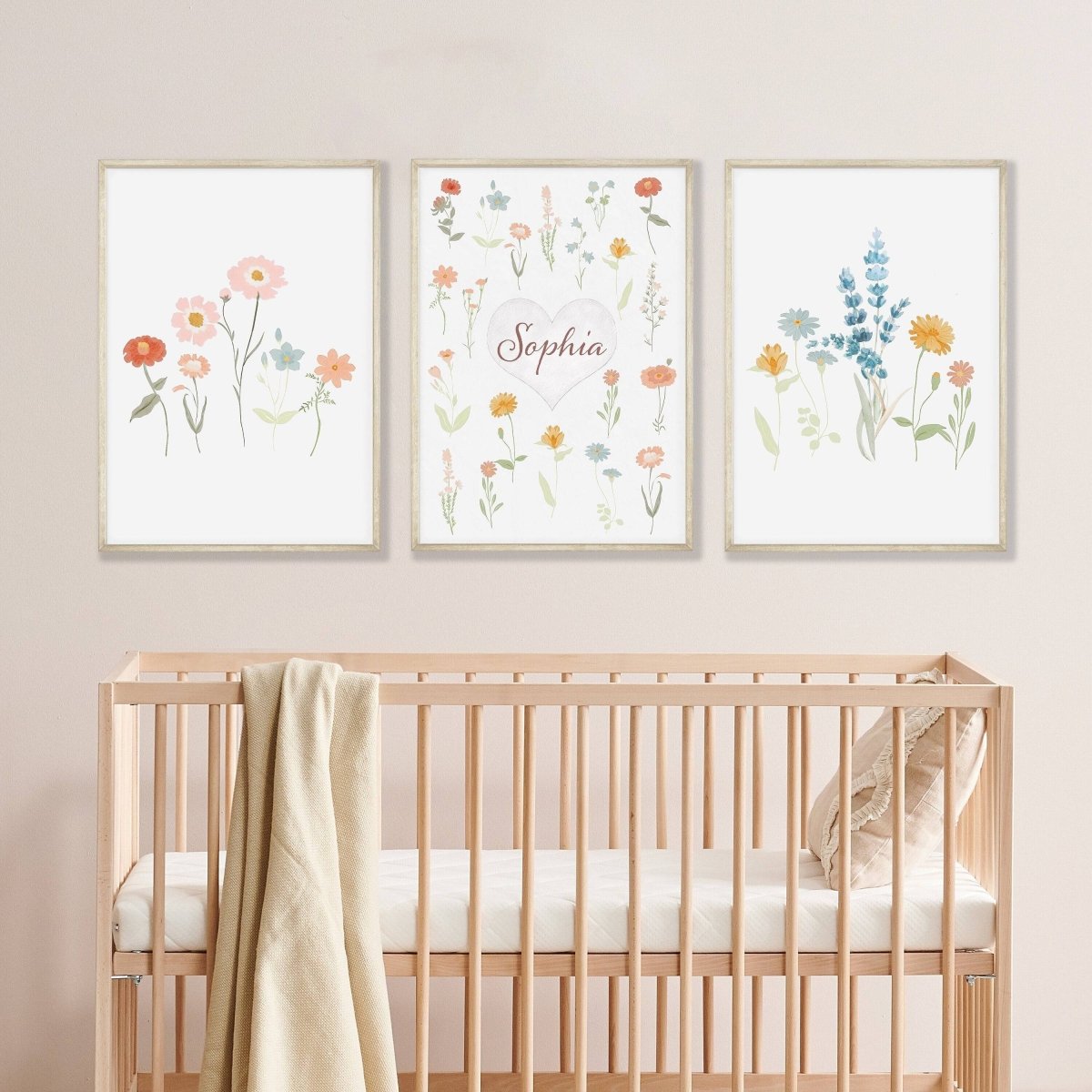 Personalised Wildflower Prints | Set of 3 Floral Nursery Art | Boho Baby Girls Decor - RoseRowanDesign - Wall Art