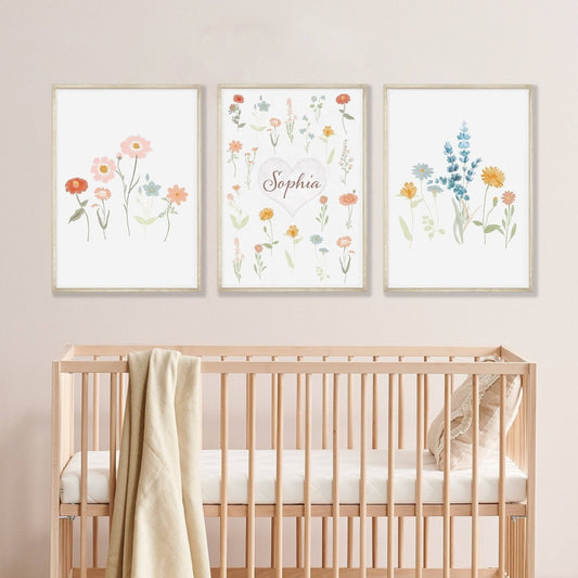 Personalised Wildflower Prints | Set of 3 Floral Nursery Art | Boho Baby Girls Decor - RoseRowanDesign - Wall Art