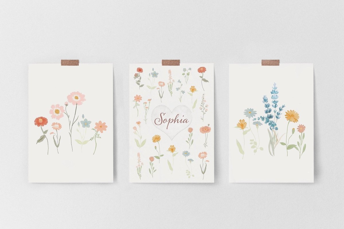 Personalised Wildflower Prints | Set of 3 Floral Nursery Art | Boho Baby Girls Decor - RoseRowanDesign - Wall Art