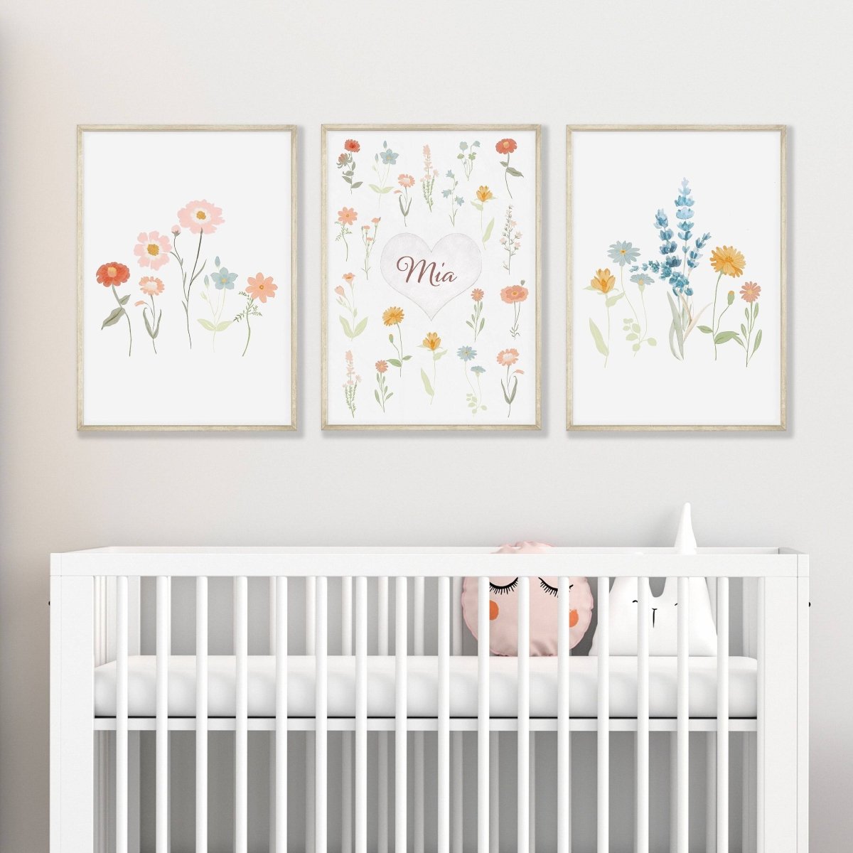 Personalised Wildflower Prints | Set of 3 Floral Nursery Art | Boho Baby Girls Decor - RoseRowanDesign - Wall Art