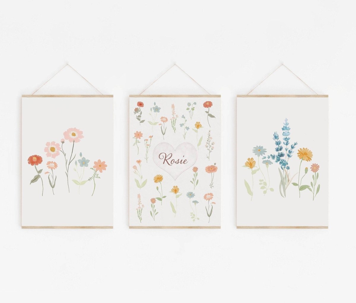 Personalised Wildflower Prints | Set of 3 Floral Nursery Art | Boho Baby Girls Decor - RoseRowanDesign - Wall Art