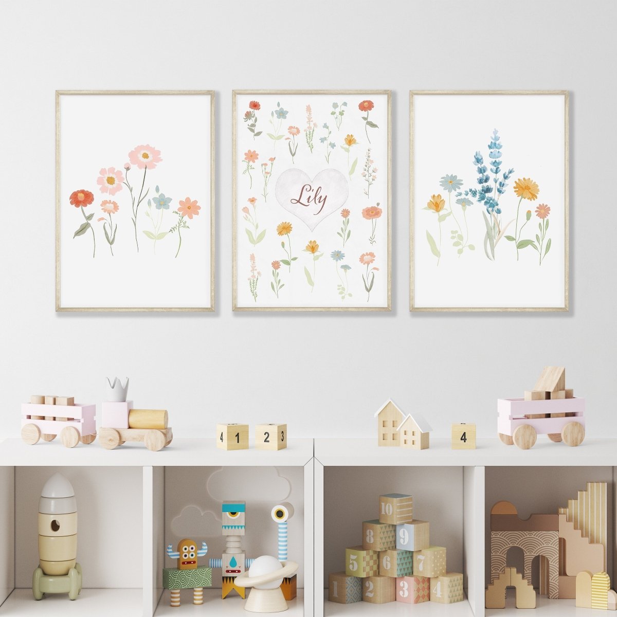 Personalised Wildflower Prints | Set of 3 Floral Nursery Art | Boho Baby Girls Decor - RoseRowanDesign - Wall Art