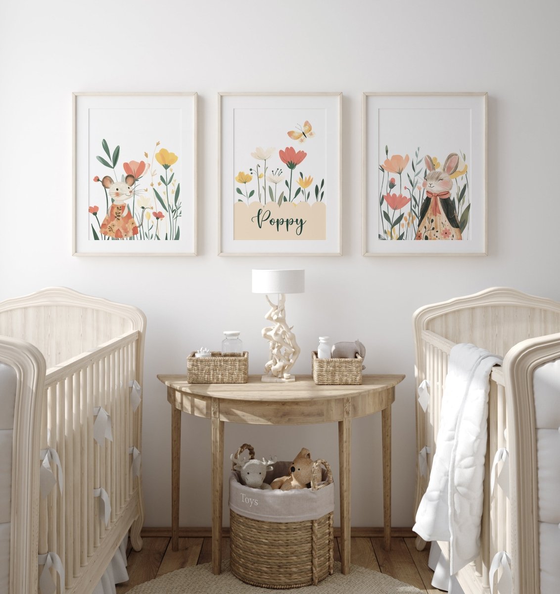 Personalised Wildflower Rabbit Set of 3 for Kids Nursery, Bedroom or Playroom - RoseRowanDesign - Wall Art