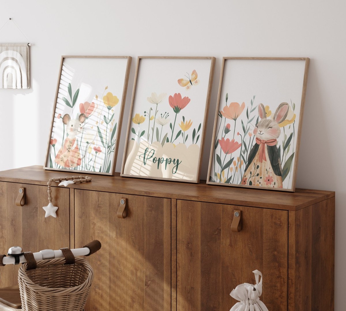 Personalised Wildflower Rabbit Set of 3 for Kids Nursery, Bedroom or Playroom - RoseRowanDesign - Wall Art