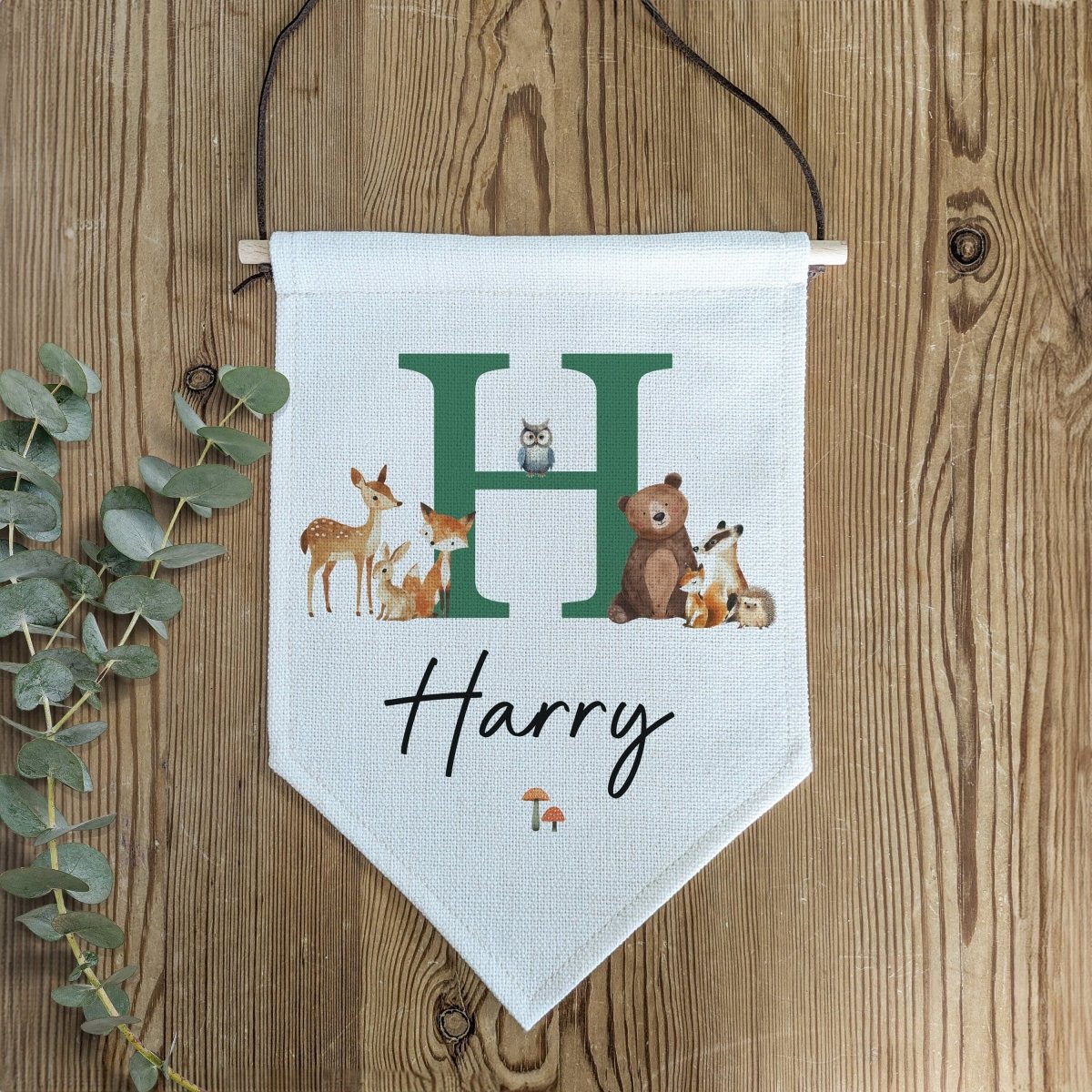 Personalised Woodland Animal Name Pennant | Kids Room Banner & Nursery Wall Flag - RoseRowanDesign -