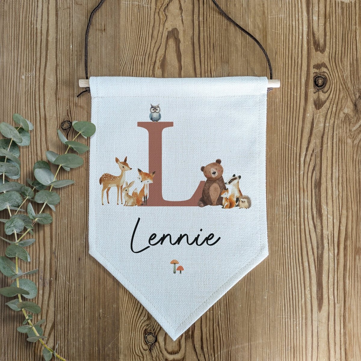Personalised Woodland Animal Name Pennant | Kids Room Banner & Nursery Wall Flag - RoseRowanDesign -