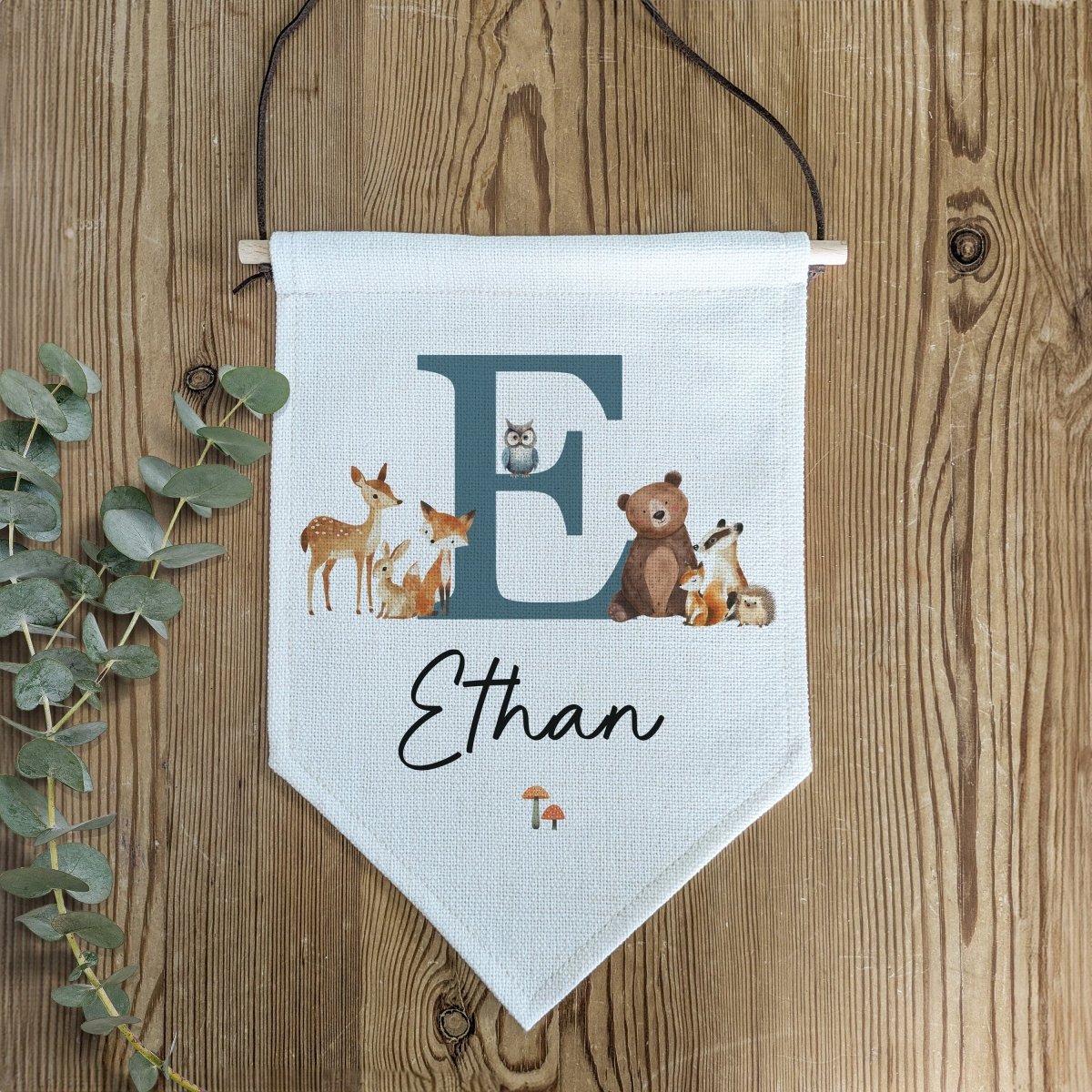 Personalised Woodland Animal Name Pennant | Kids Room Banner & Nursery Wall Flag - RoseRowanDesign -