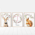 Load image into Gallery viewer, Personalised Woodland Animal Nursery Prints | Set of 3 | Pink Blossom Decor for Girls - RoseRowanDesign - Wall Art