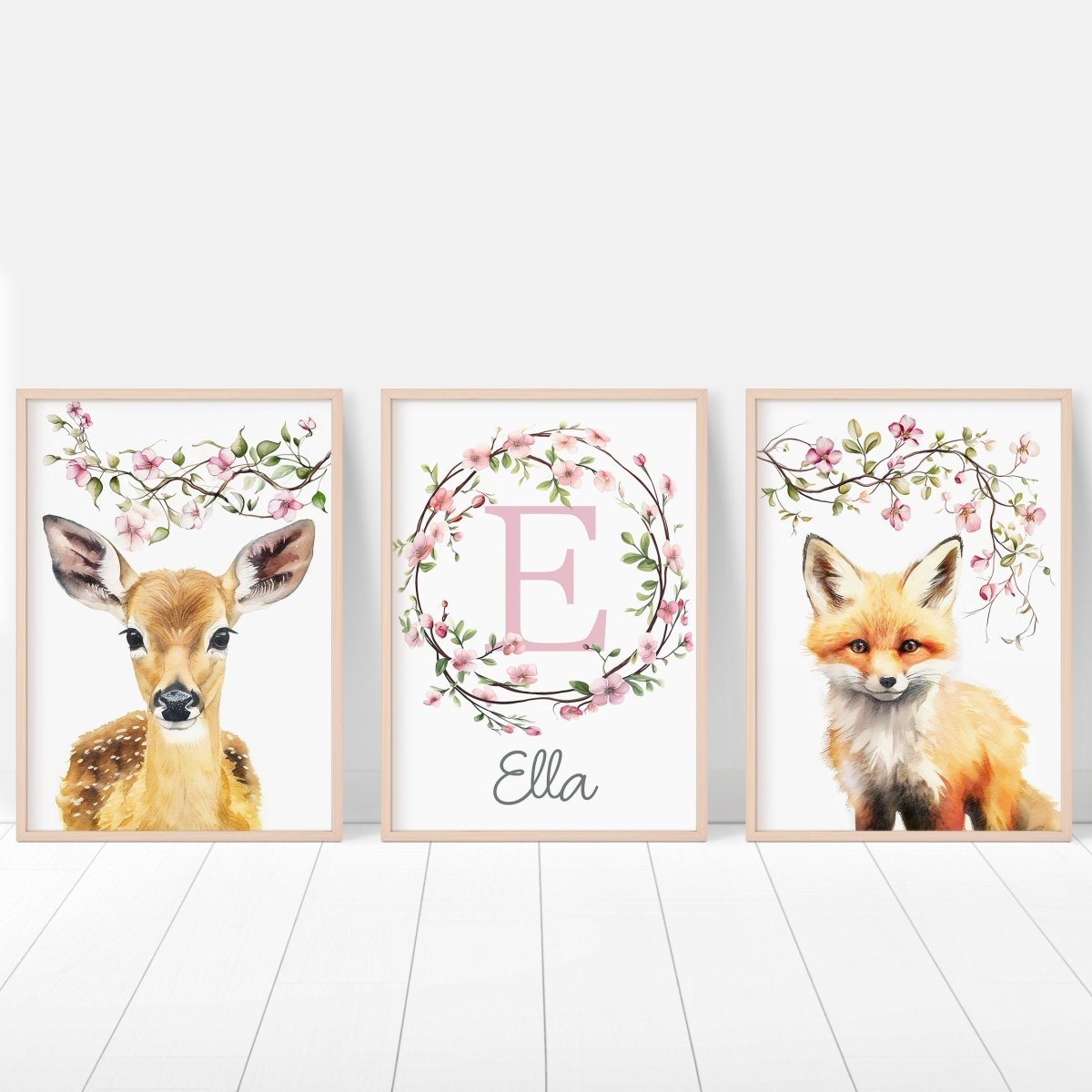 Personalised Woodland Animal Nursery Prints | Set of 3 | Pink Blossom Decor for Girls - RoseRowanDesign - Wall Art
