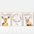 Load image into Gallery viewer, Personalised Woodland Animal Nursery Prints | Set of 3 | Pink Blossom Decor for Girls - RoseRowanDesign - Wall Art