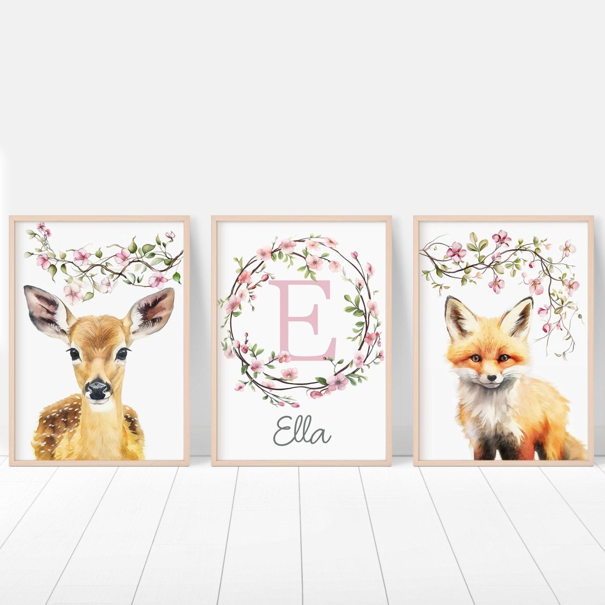 Personalised Woodland Animal Nursery Prints | Set of 3 | Pink Blossom Decor for Girls - RoseRowanDesign - Wall Art