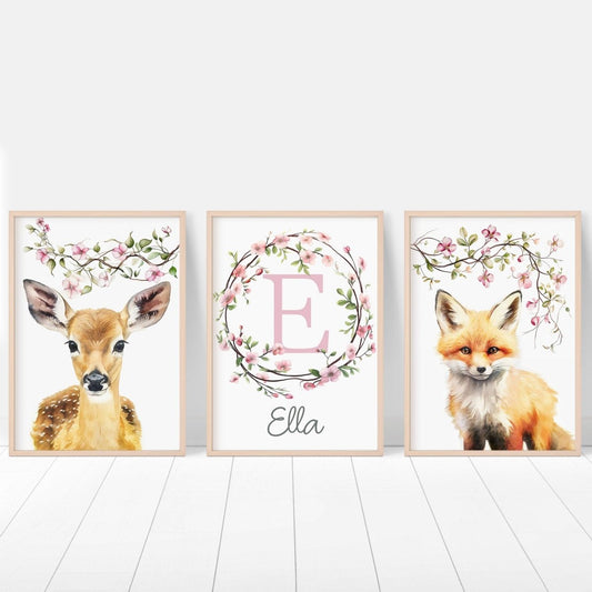 Personalised Woodland Animal Nursery Prints | Set of 3 | Pink Blossom Decor for Girls - RoseRowanDesign - Wall Art