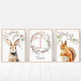 Load image into Gallery viewer, Personalised Woodland Animal Nursery Prints | Set of 3 | Pink Blossom Decor for Girls - RoseRowanDesign - Wall Art