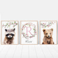 Load image into Gallery viewer, Personalised Woodland Animal Nursery Prints | Set of 3 | Pink Blossom Decor for Girls - RoseRowanDesign - Wall Art