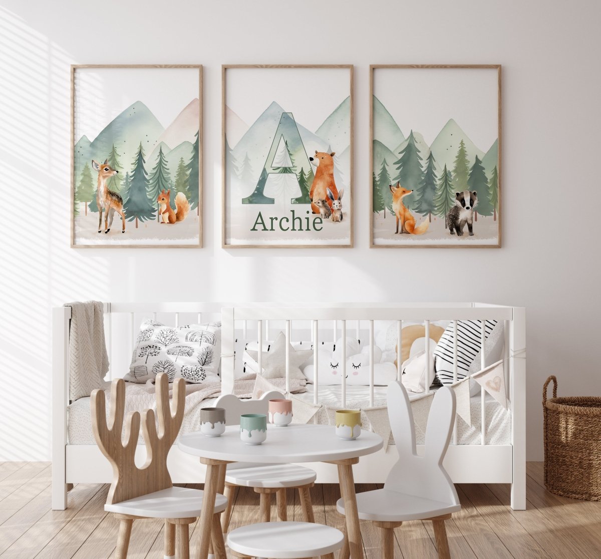 Personalised Woodland Animal | Set of 3 Prints | Forest & Mountain for Kids room - RoseRowanDesign - Wall Art