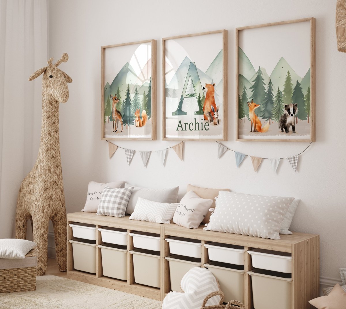Personalised Woodland Animal | Set of 3 Prints | Forest & Mountain for Kids room - RoseRowanDesign - Wall Art
