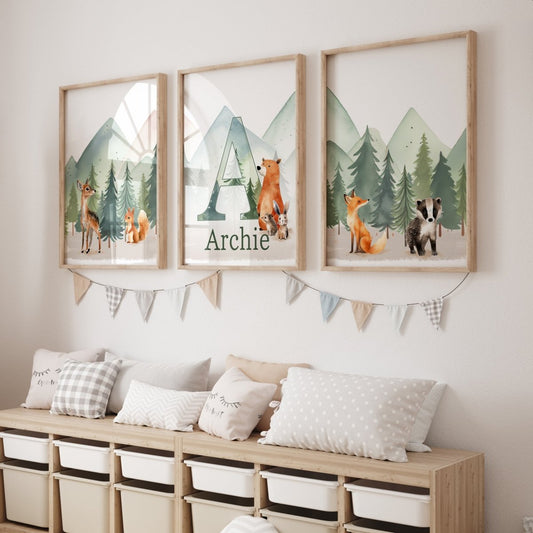 Personalised Woodland Animal | Set of 3 Prints | Forest & Mountain for Kids room - RoseRowanDesign - Wall Art