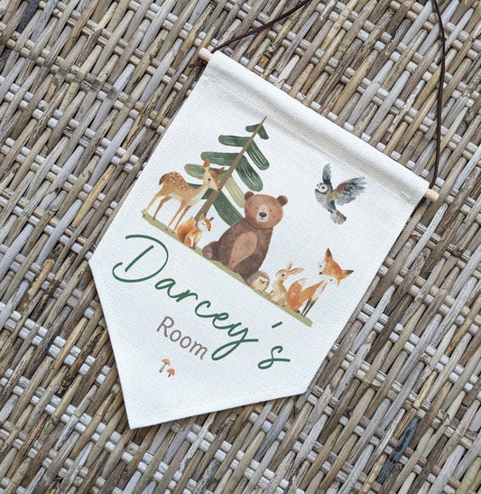Personalised Woodland Animals Name Pennant | Kids Room Banner & Nursery Wall Sign - RoseRowanDesign -
