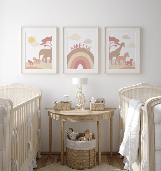 Pink & Beige Safari Animals | Set of 3 Prints | Rainbow Nursery Art - RoseRowanDesign - Wall Art