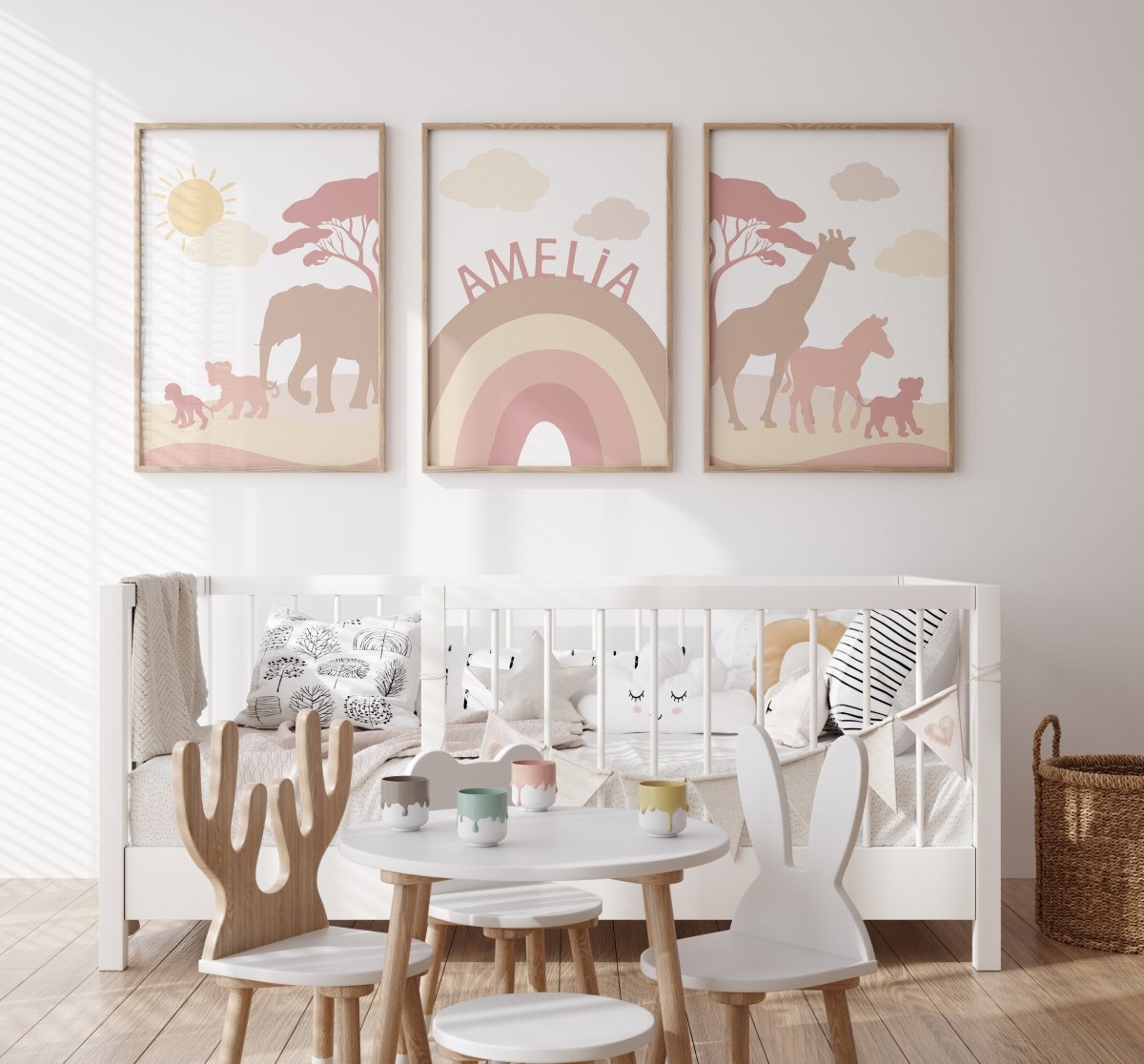 Pink & Beige Safari Animals | Set of 3 Prints | Rainbow Nursery Art - RoseRowanDesign - Wall Art