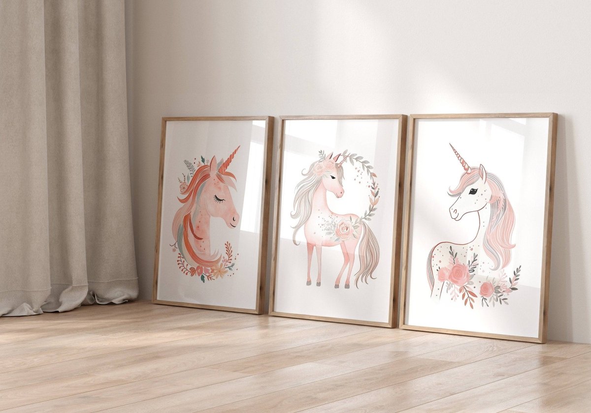 Pink Boho Unicorn Nursery Wall Art | Set of 3 | Girls' Bedroom and Playroom Decor - RoseRowanDesign -
