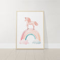 Load image into Gallery viewer, Pink Boho Unicorn Nursery Wall Art | Set of 3 | Rainbow, Sun, and Moon Prints for Girls' Bedroom - RoseRowanDesign -