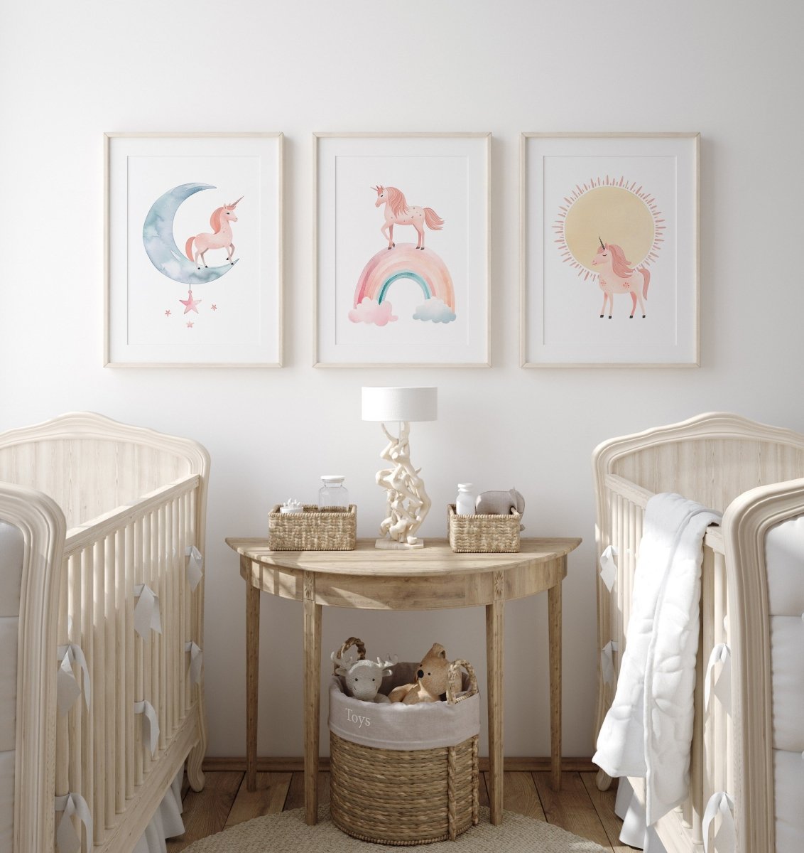 Pink Boho Unicorn Nursery Wall Art | Set of 3 | Rainbow, Sun, and Moon Prints for Girls' Bedroom - RoseRowanDesign -