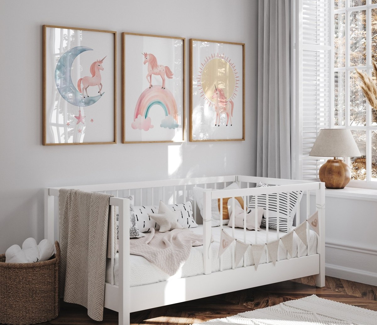 Pink Boho Unicorn Nursery Wall Art | Set of 3 | Rainbow, Sun, and Moon Prints for Girls' Bedroom - RoseRowanDesign -